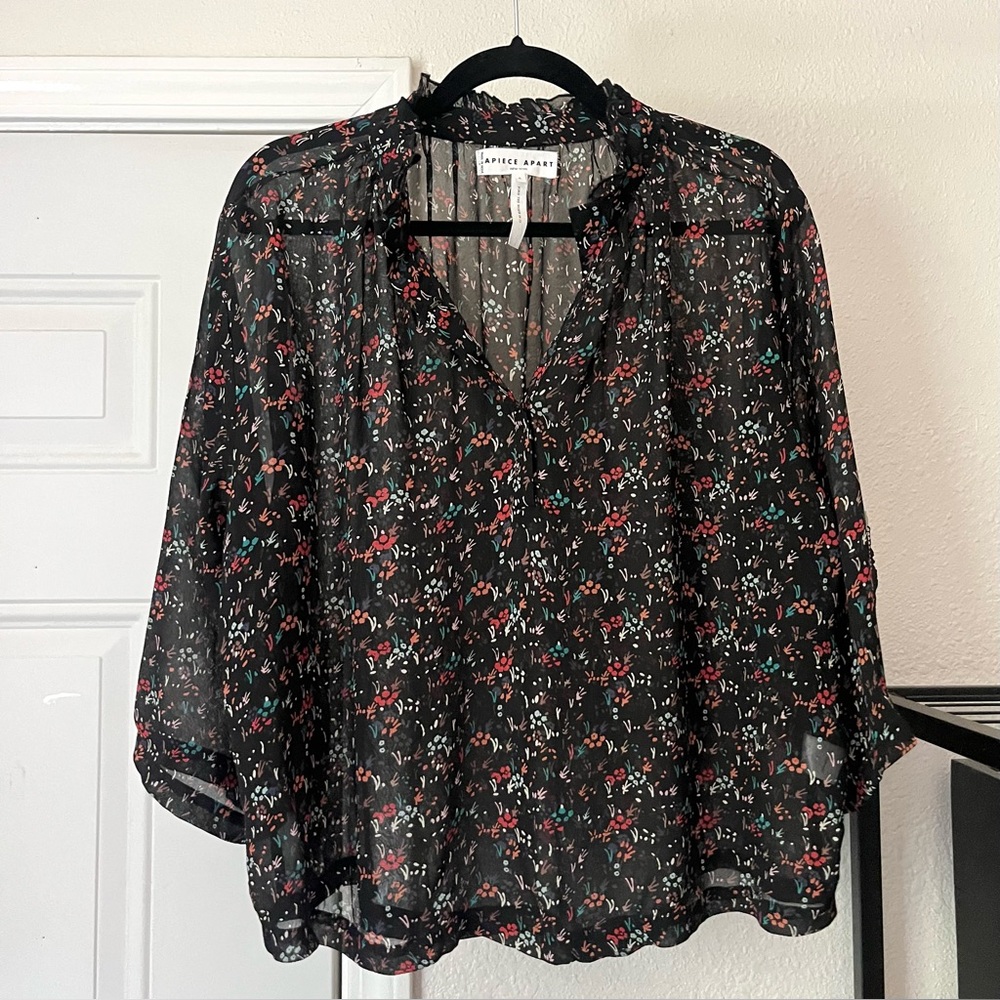 Apiece Apart black silk sheer‎ floral ruffle boxy oversized puff sleeve cropped